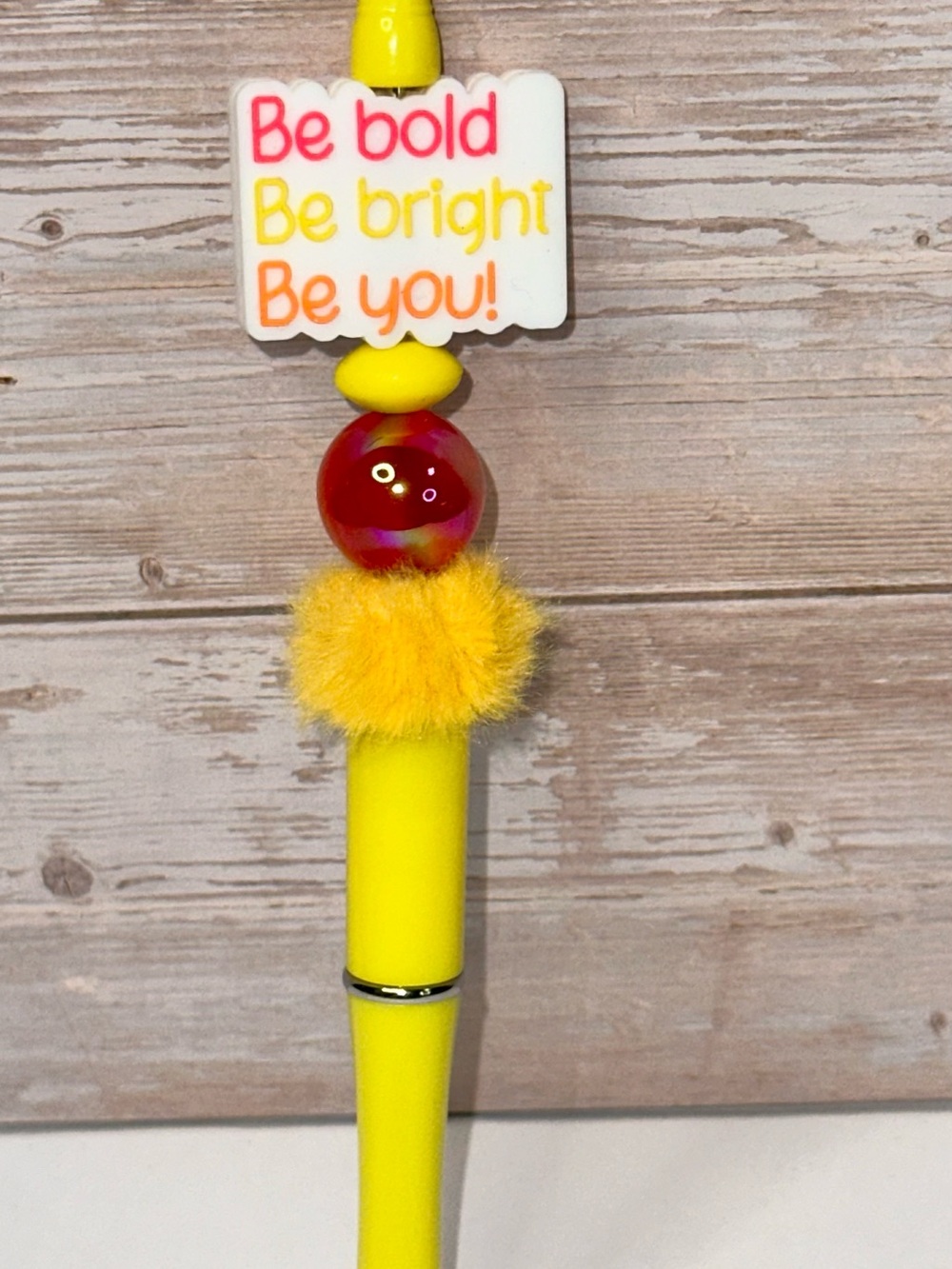 Yellow Pom-Puff Custom Made Pen with Inspirational Charm